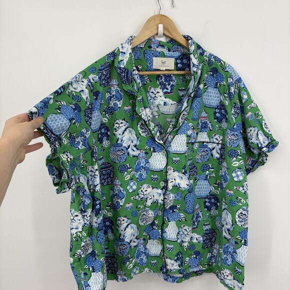 Printfresh Fancy Cat Pajama Shirt Womens 3X Short Sleeve Top Whimsy Retro Poplin - Picture 2 of 8